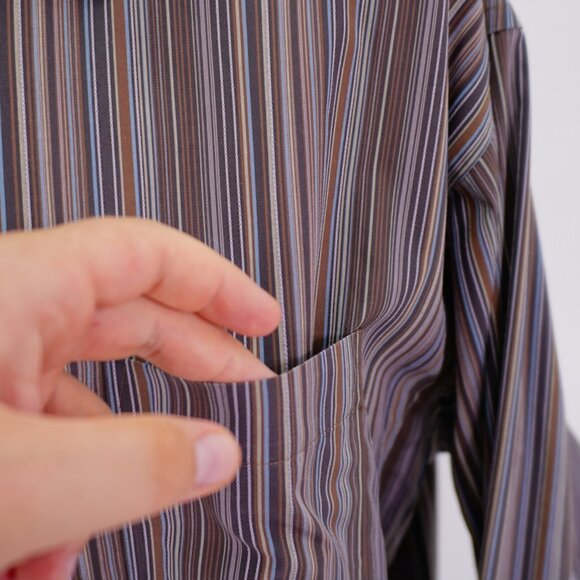 Pronto Uomo XXL Non Iron‎ Brown Blue Striped Pocket Front Collared Dress Shirt - Picture 3 of 11
